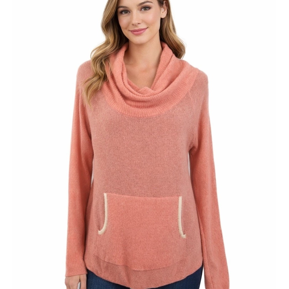 Anthropologie Sparrow Size L Waffle Knit Cowl Neck Sweater Wool Pullover Coral
